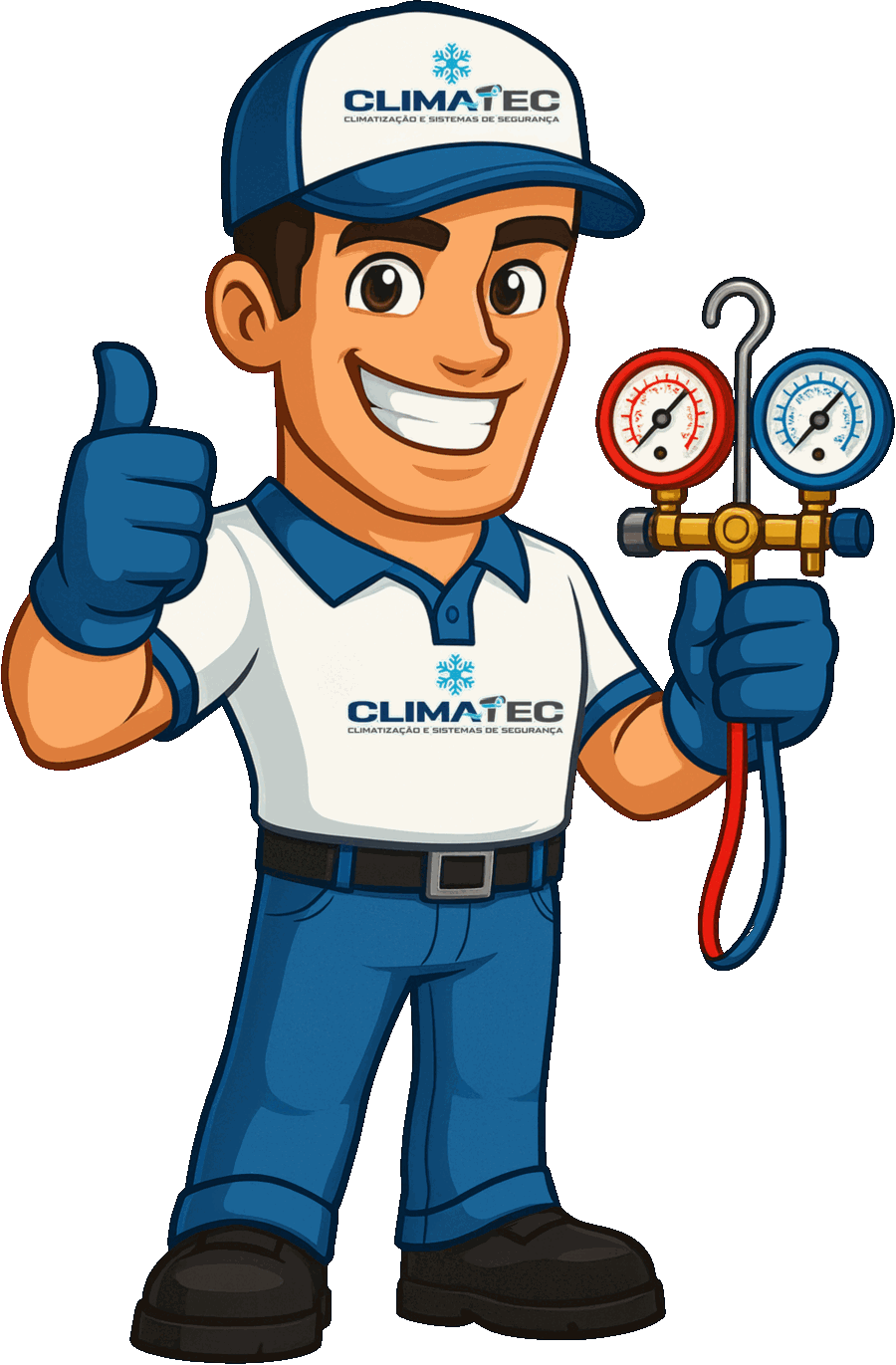 Técnico da CLIMATEC com o uniforme da empresa segurando o manifold de refrigeração
